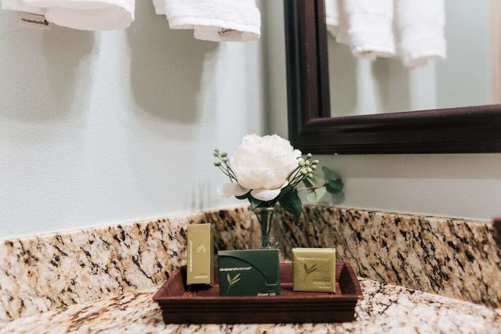 Bathroom countertop with soap, lotions, flowers, and a mirror.