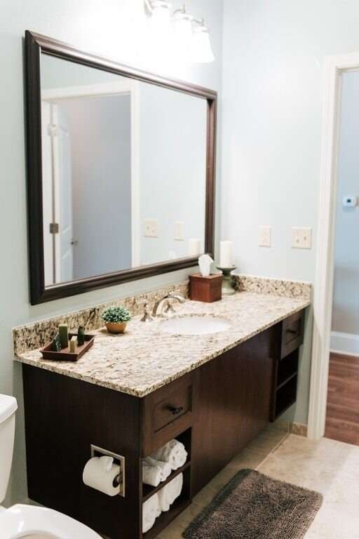 Bathroom vanity with granite countertop, dark brown cabinets, large mirror, and blue walls.