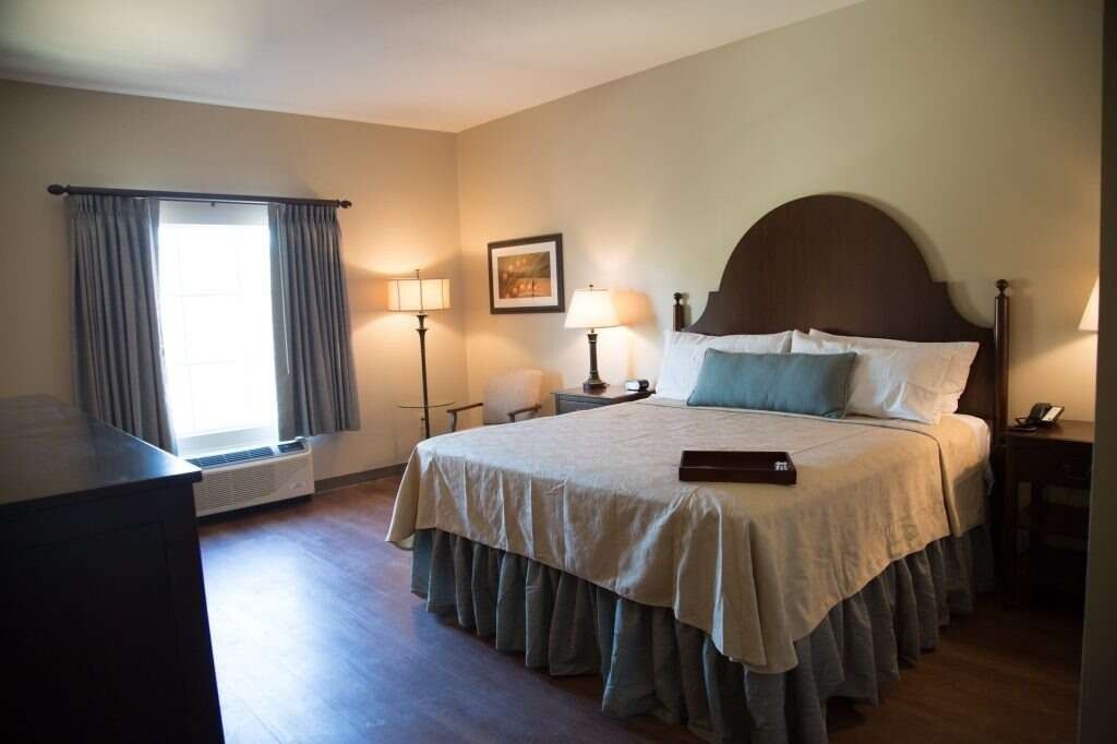 Hotel room with a bed, nightstands, lamp, window, and dresser.